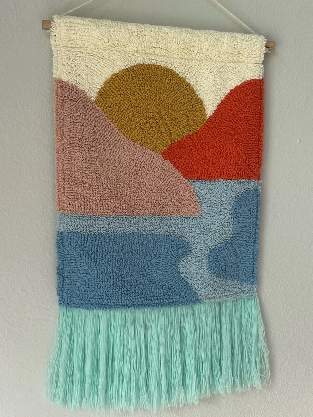 Mountain River Textured Knit Tasseled Wall Art; Canvas Back